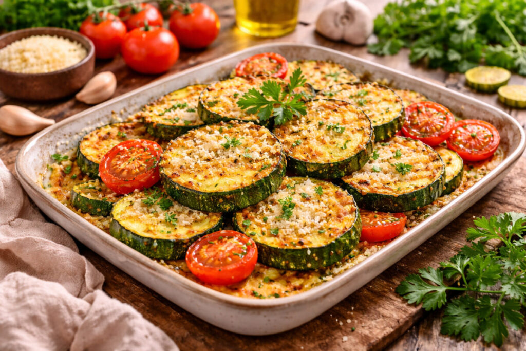 Abobrinha assada com tomate e parmesão