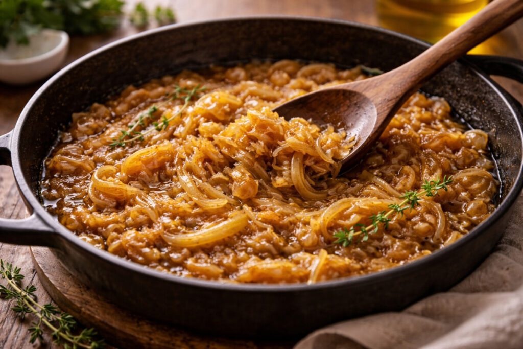 Conflit Cebolas caramelizadas na frigideira de ferro