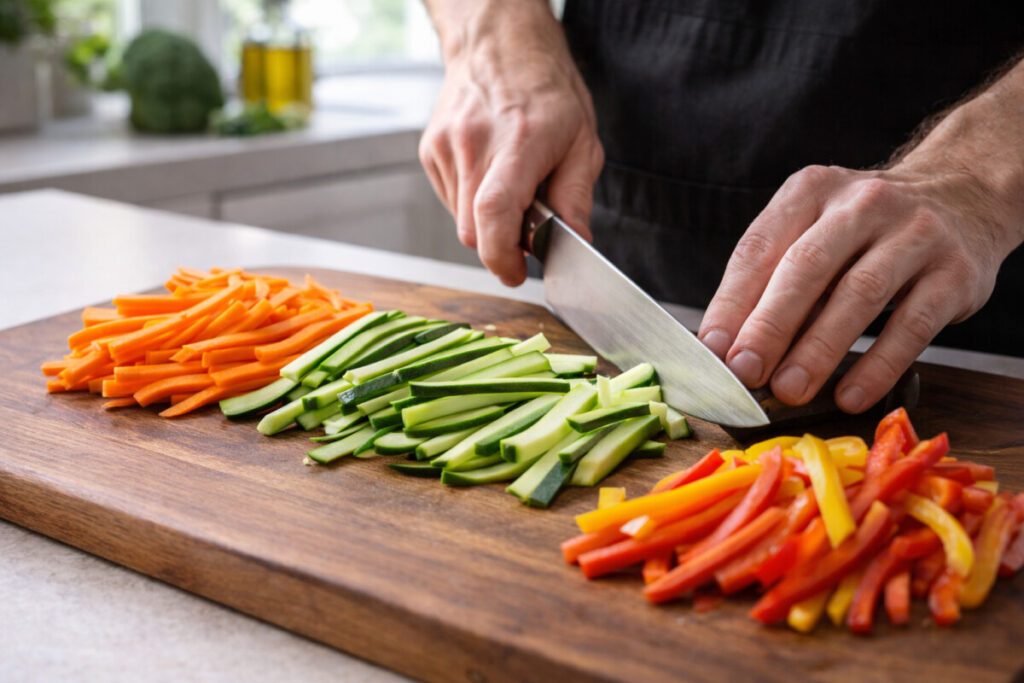 Corte de legumes frescos na cozinha