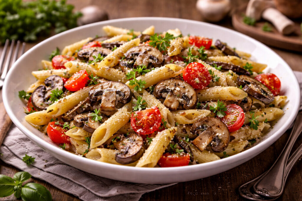 Salada de macarrão com cogumelos