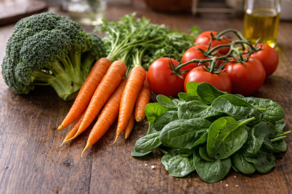 Verduras frescas sobre mesa rústica